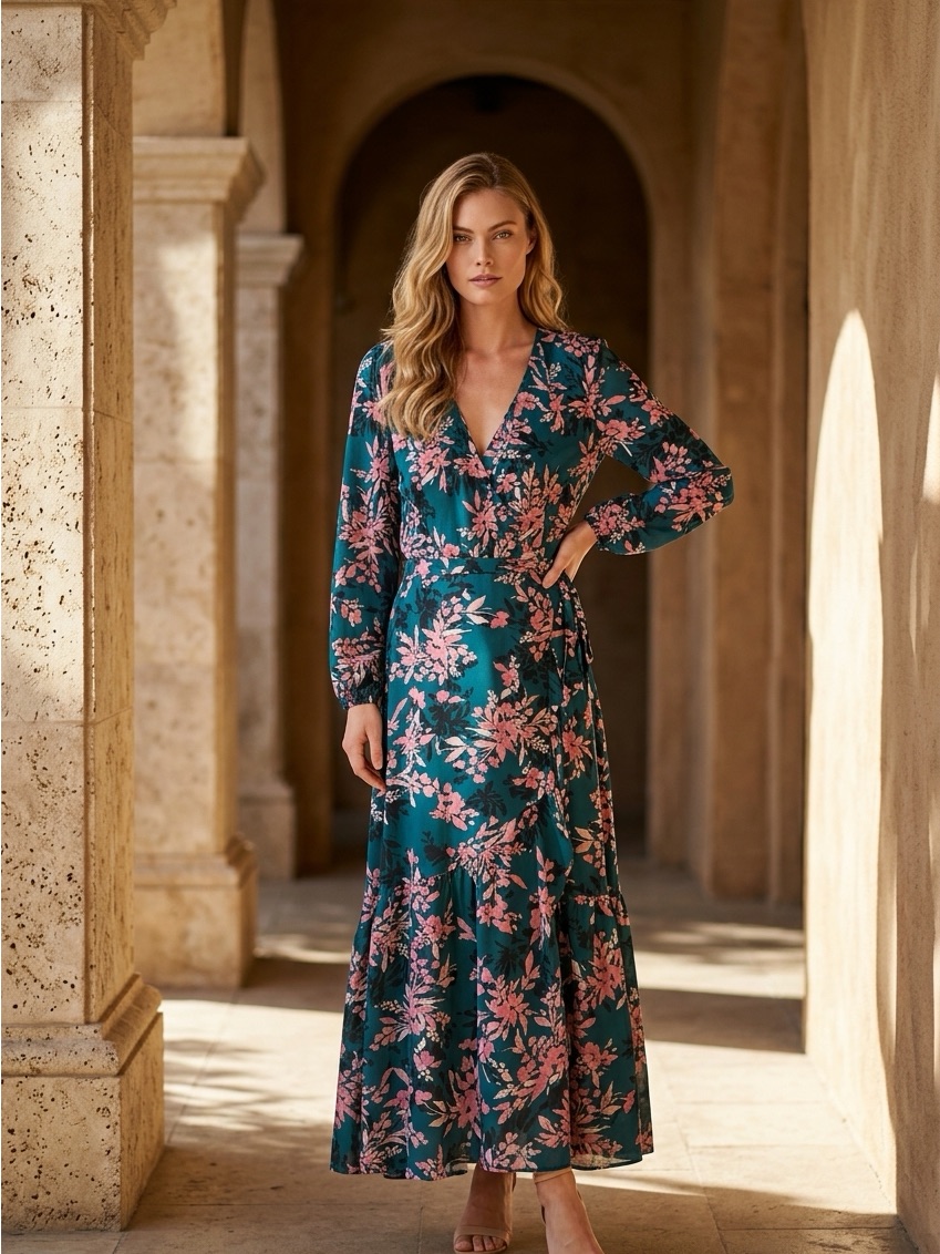 Nwot Bar Iii Teal Maxi Wrap Dress With Pink Floral Pattern